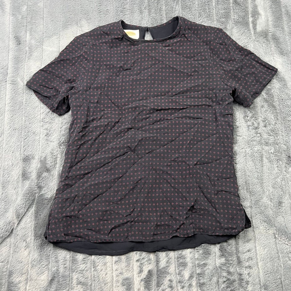 Talbots Pure Silk Short Sleeve Blouse Navy Red Diamond Print Keyhole Back Size 4